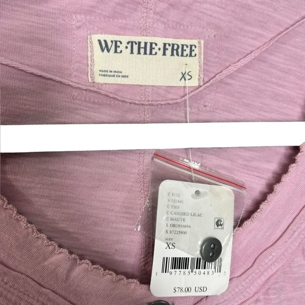 NEW FREE PEOPLE Our Song Henley Cuff Top in Candid Lilac Crocheted Sleeve XS